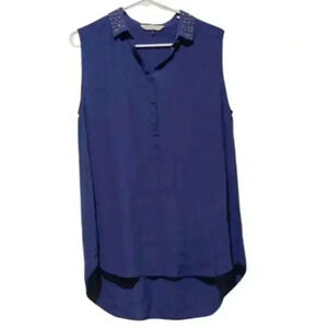 Rebecca Taylor Silk Shirt Top Rivets Size 6 Blue Collared Tucker Shirt